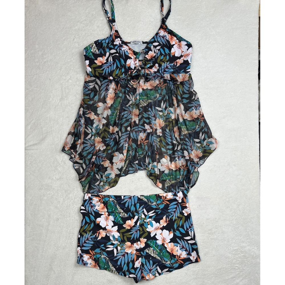 Finwanlo‎ Womens XL Tropical Floral Tankini Set Mesh Handkerchief Top Boy Shorts